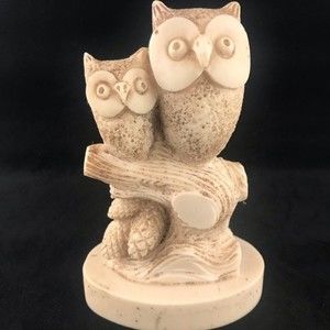 Adult & Baby Owls Figurine Tree Branch 5” Statue Resin Cute Eclectic Marked AG